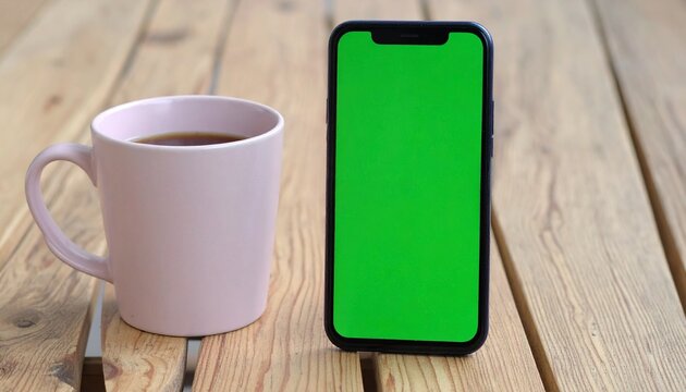 Pink Coffee Mug and Green Screen Smartphone on Rustic Wooden Table