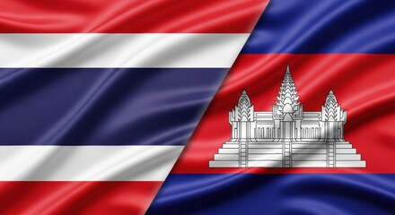 Satin fabric flags of Thailand and Cambodia represent cultural connections and partnership