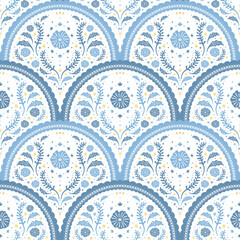 Romantic art nouveau floral charming vintage blue cottagecore shabby chic seamless pattern repeatable for print background fabric textile cards backdrop in folk art decorative illustration style