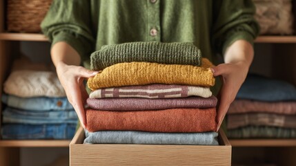 Woman holding stacked clothes in wooden box