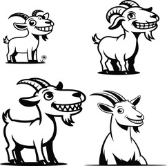 Four happy cartoon goats with big smiles illustration