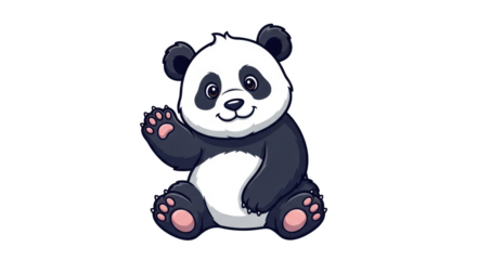 A cartoon panda sitting and waving with a smile on a black background with white outlines around it