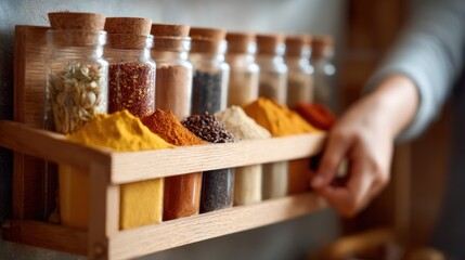 Wooden spice rack with various colorful spices