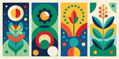 Four vertical banners displaying vibrant abstract designs with unique shapes and colors..eps