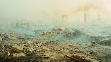 Overcast view of a ruined cityscape with rubble and smoke obscuring the remains of buildings