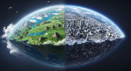 Earth Divided: Pristine Nature Versus Futuristic Metropolis from Space