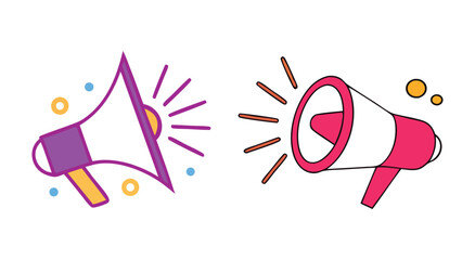 Set of colorful modern megaphone vector icons. Flat design and outline style communication and announcement symbols for marketing, alert, and promotion graphics.