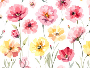 Seamless floral pattern, Seamless pattern with pink and yellow flowers watercolor	