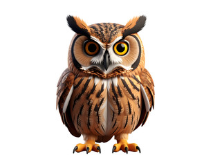 Fototapeta premium Realistic cartoon owl illustration with transparent background (PNG), perfect for wildlife designs, educational materials, and nature projects.