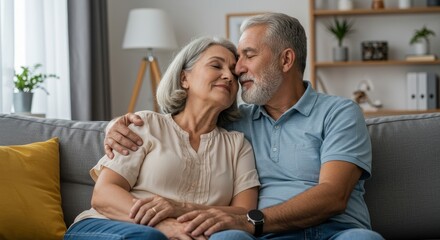 Loving Elderly Married Couple Expressing Affection While Sitting On A Couch
