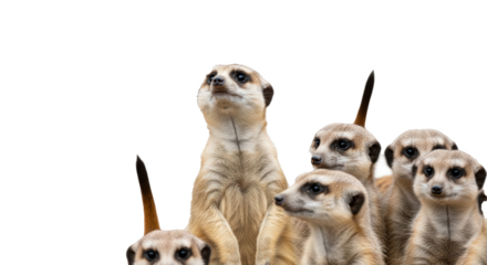 A group of meerkats standing alert and looking around with a black background behind them all