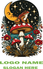 Mystic Toadstool Dreamscape Psychedelic Celestial T-Shirt Design with Vintage Toad, Crescent Moon & Wildflowers on Black .