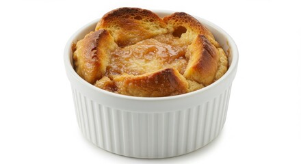 caramel bourbon bread pudding isolated on white background for bakery and dessert photography
