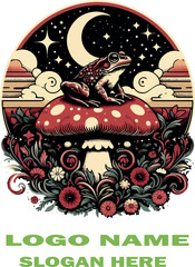 Mystic Toadstool Dreamscape Psychedelic Celestial T-Shirt Design with Vintage Toad, Crescent Moon & Wildflowers on Black .