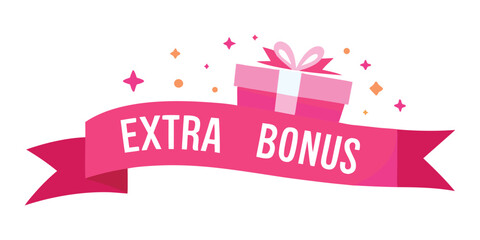 Extra Bonus vector banner graphic. Pink ribbon with gift box and sparkles. Promotional label for marketing, loyalty program, sale, and advertising design projects.
