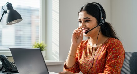 Young Indian Woman Working From Home With Headset And Laptop