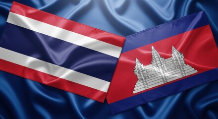 Illuminated thai and cambodian flags symbolize international relations and collaborations with
