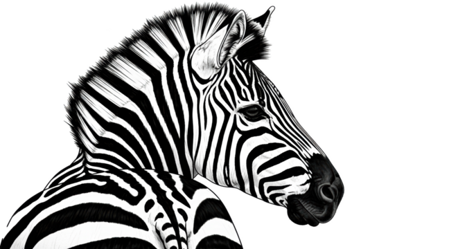 A monochrome illustration of a zebra head and neck against a black background in profile view