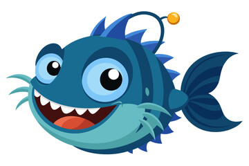 A humorous and colorful cartoon illustration of an anglerfish with a glowing lure, large eyes, and a wide mouth full of sharp teeth. 
