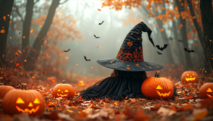 halloween pumpkin, bat and witch in the forest