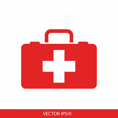 Obraz premium First aid kit icon. Red medical case with a white cross symbol for emergency healthcare and safety. Simple flat vector illustration isolated on a background.