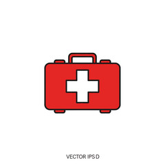 Obraz premium First aid kit icon. Red medical box with a white cross symbol for emergency healthcare and safety. Vector illustration isolated on a white background.