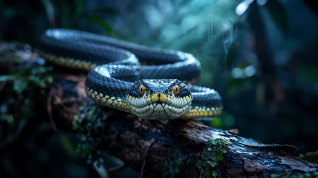 Close up of a striking python with intense yellow eyes coiled on a mossy branch in a dark moody jungle environment with blurred green foliage