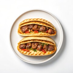 Grilled meat stuffed in pita served on a plate, showcasing a delicious dish ideal for food enthusiasts and culinary presentations.