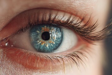 a detailed close-up shot of a stunning human eye, showcasing its vibrant colors and intricate details. The eye is a striking blue color with intricate patterns and long eyelashes