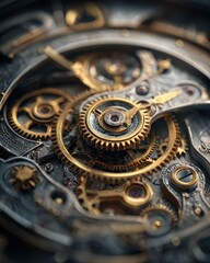 An eye-level macro shot showcasing the intricate internal workings of a mechanical watch, displaying gears and cogs.
