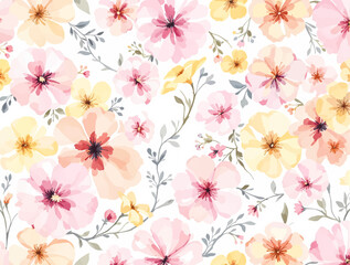 Abstract floral art background vector. Botanical watercolor hand painted pastel color flowers with white line art