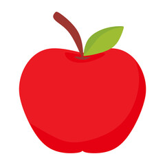 A vibrant red apple, whole and with a stem and leaves, displayed against a white background.
