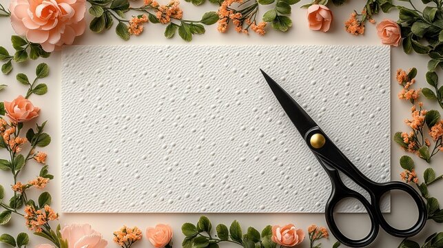 White craft paper with embossed pattern and scissors - Powered by Adobe