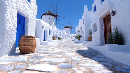 Whitewashed Greek village street with windmills © RONNY