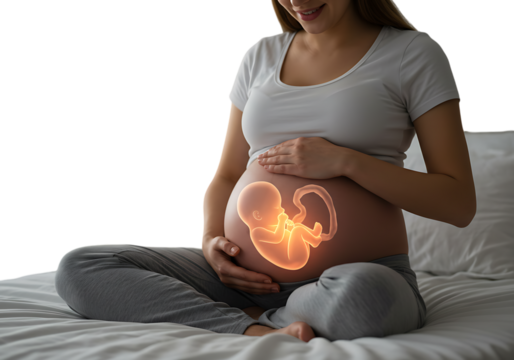 Pregnant woman with glowing fetus illustration on her belly isolated on transparent background