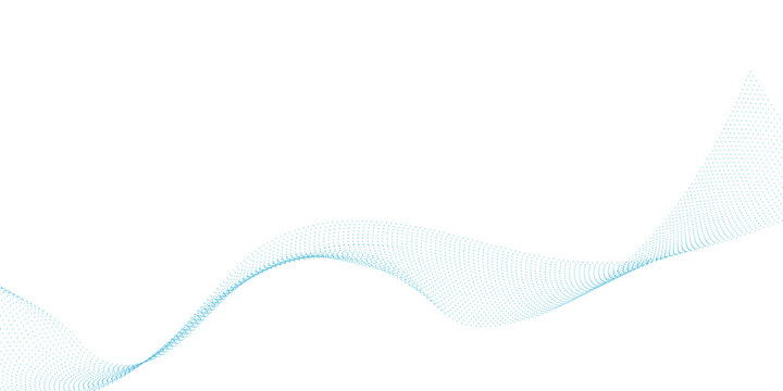 Blue dotted wave line pattern. Flowing dot particles wave pattern halftone black gradient smooth curve shape isolated on transparent background.	