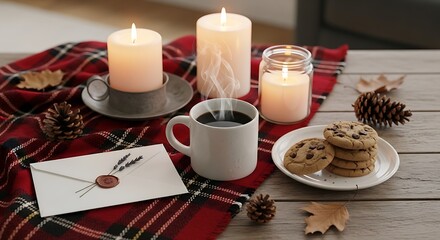 Cozy autumnal scene with candles, coffee, and cookies.