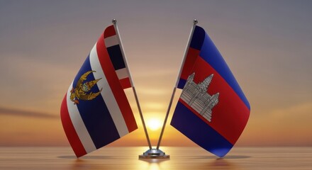 Political alliance flags of Thailand and Cambodia against majestic sunset scenery background for