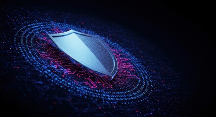 A holographic shield glows on a circuit board with binary code