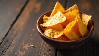 A close up of a wooden bowl filled with tortilla chips on a dark wooden surface background shot well