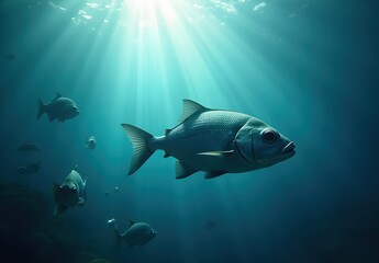 Fototapeta premium Underwater Scene with Fish in Sunlight