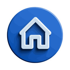 Fototapeta premium A modern 3D home icon on a glossy blue circular button. A minimalist white house symbol for website homepage or application user interface.