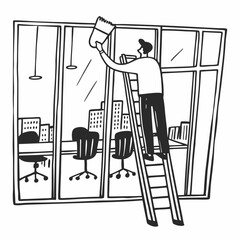Obraz premium Man cleaning office windows while standing on ladder in modern workspace 