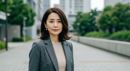 A Confident Business Woman Smiles In An Urban City Setting