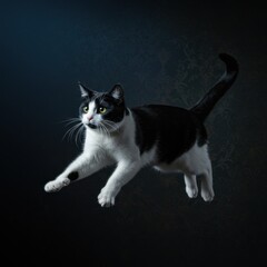 Jumping black and white cat, energetic black and white cat caught mid-jump against a dark, moody background, showing motion and playfulness
