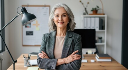Portrait Of Confident Mature Businesswoman Smiling With Crossed Arms On Desk