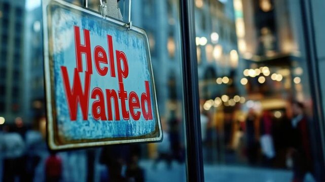 Help Wanted Sign in Urban Setting Economic Opportunity.