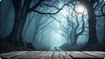 Eerie forest path through gnarled trees spooky ethereal