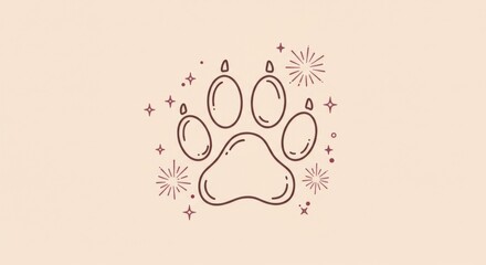 Obraz premium Paw print with sparkles, clean black line drawing of a paw print surrounded by small sparkles or starbursts, symbolizing gentle fireworks and a peaceful celebration atmosphere