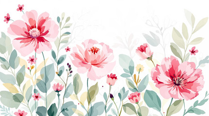 Pink pions watercolor flowers background for design. Floral border frame card template.	